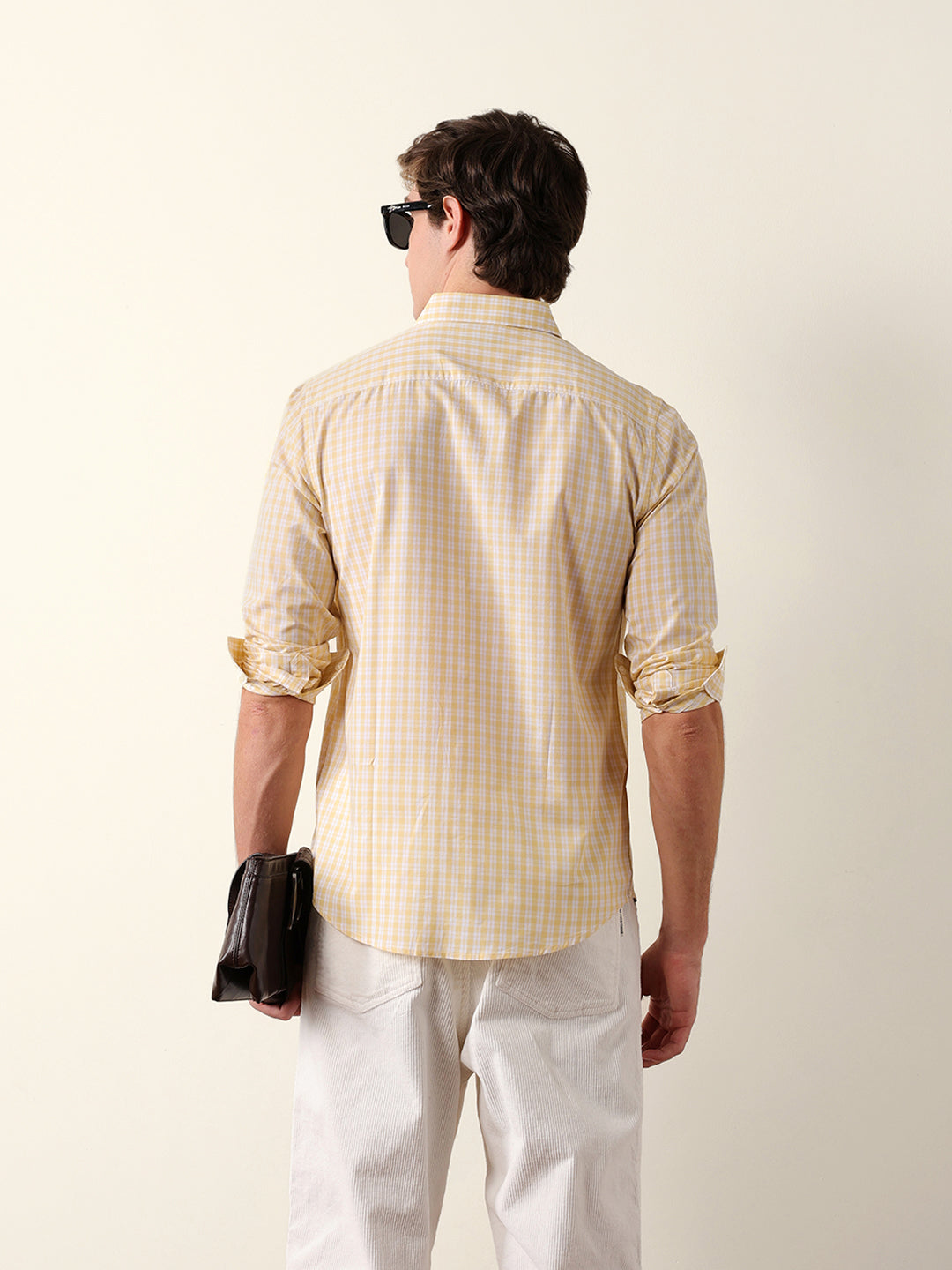 Yellow & White Woven Micro Check Slim Fit Casual Shirt