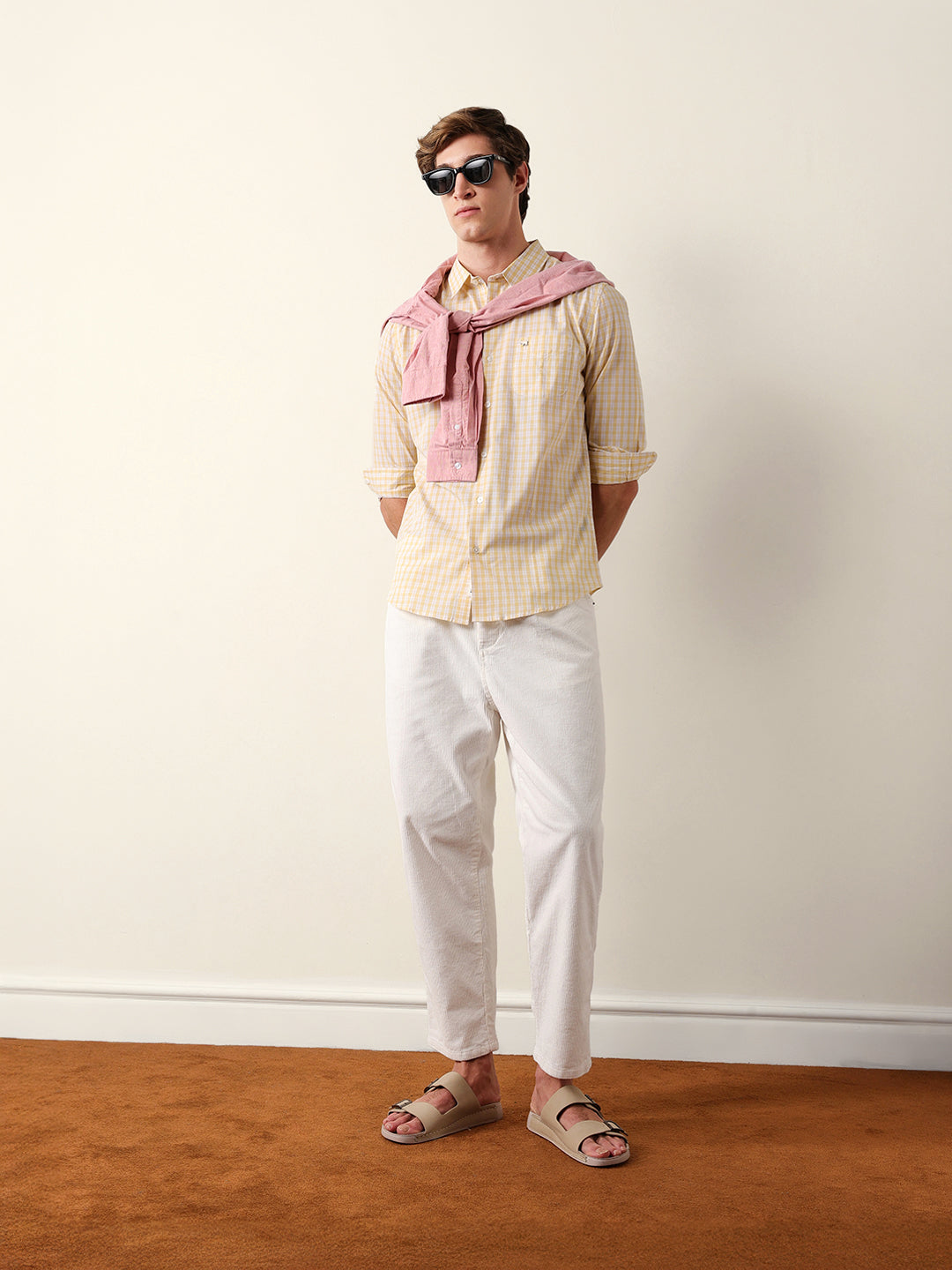 Yellow & White Woven Micro Check Slim Fit Casual Shirt