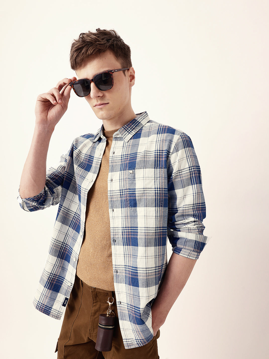 Blue Woven Checkered Slim Fit Casual Shirt