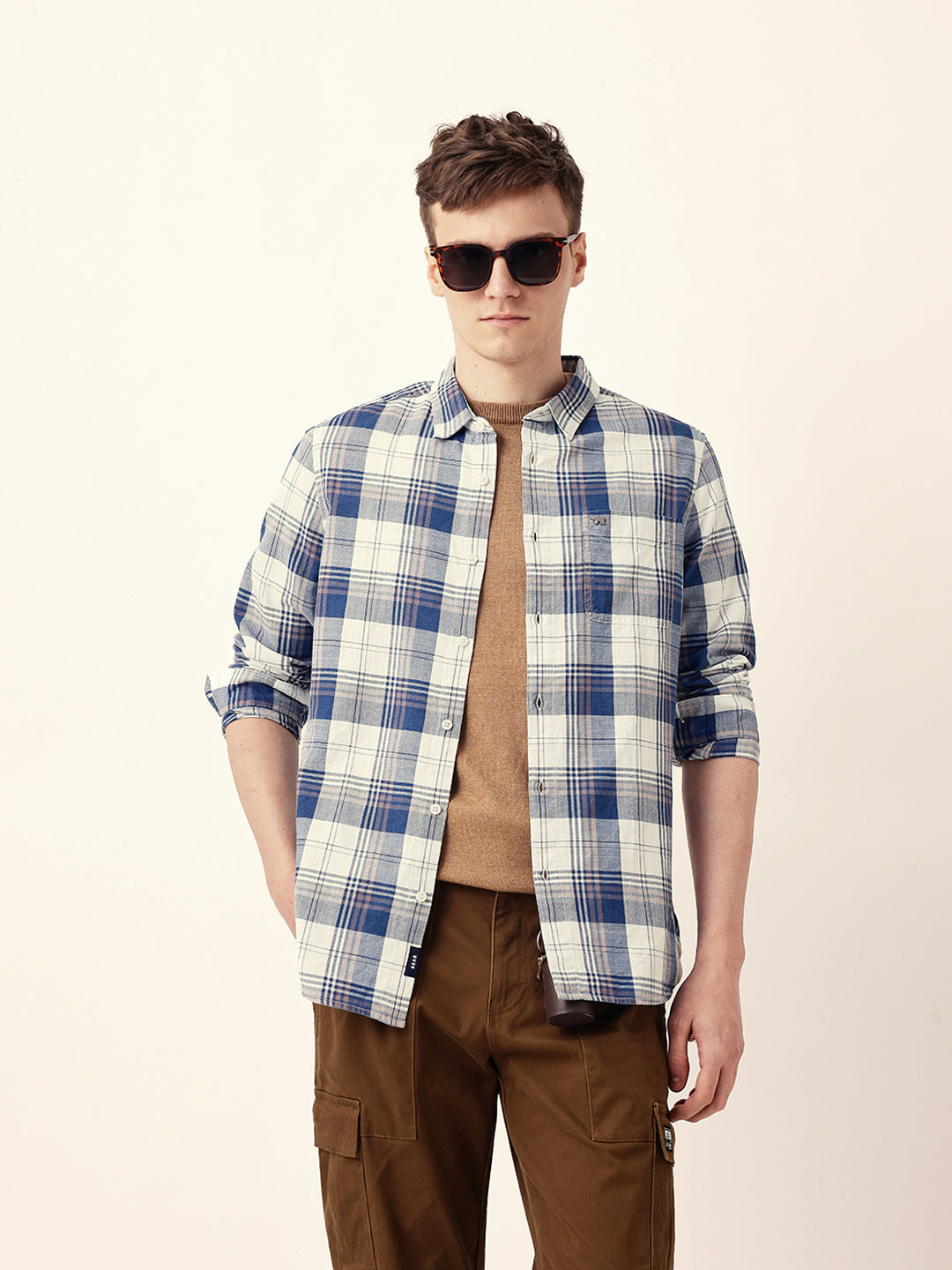 Blue Woven Checkered Slim Fit Casual Shirt