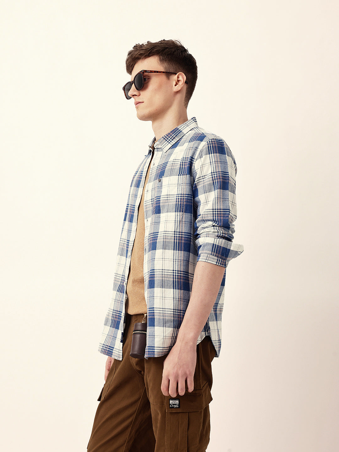 Blue Woven Checkered Slim Fit Casual Shirt