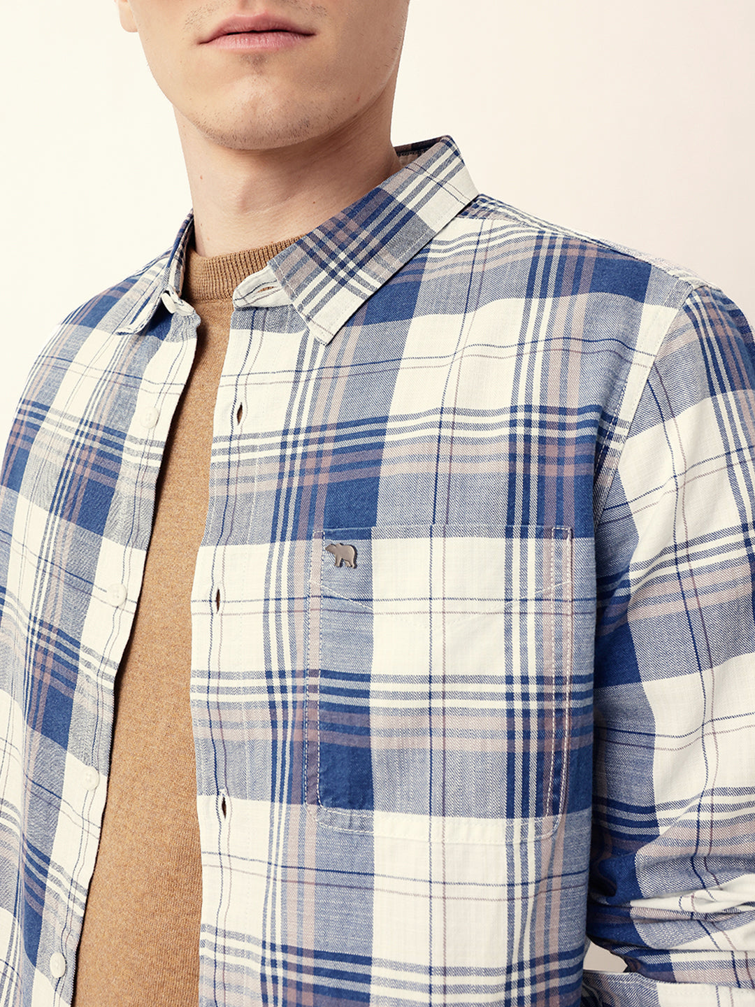 Blue Woven Checkered Slim Fit Casual Shirt
