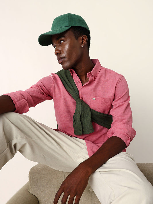 Pink Slim Fit Casual Shirt with Woven Textured Design