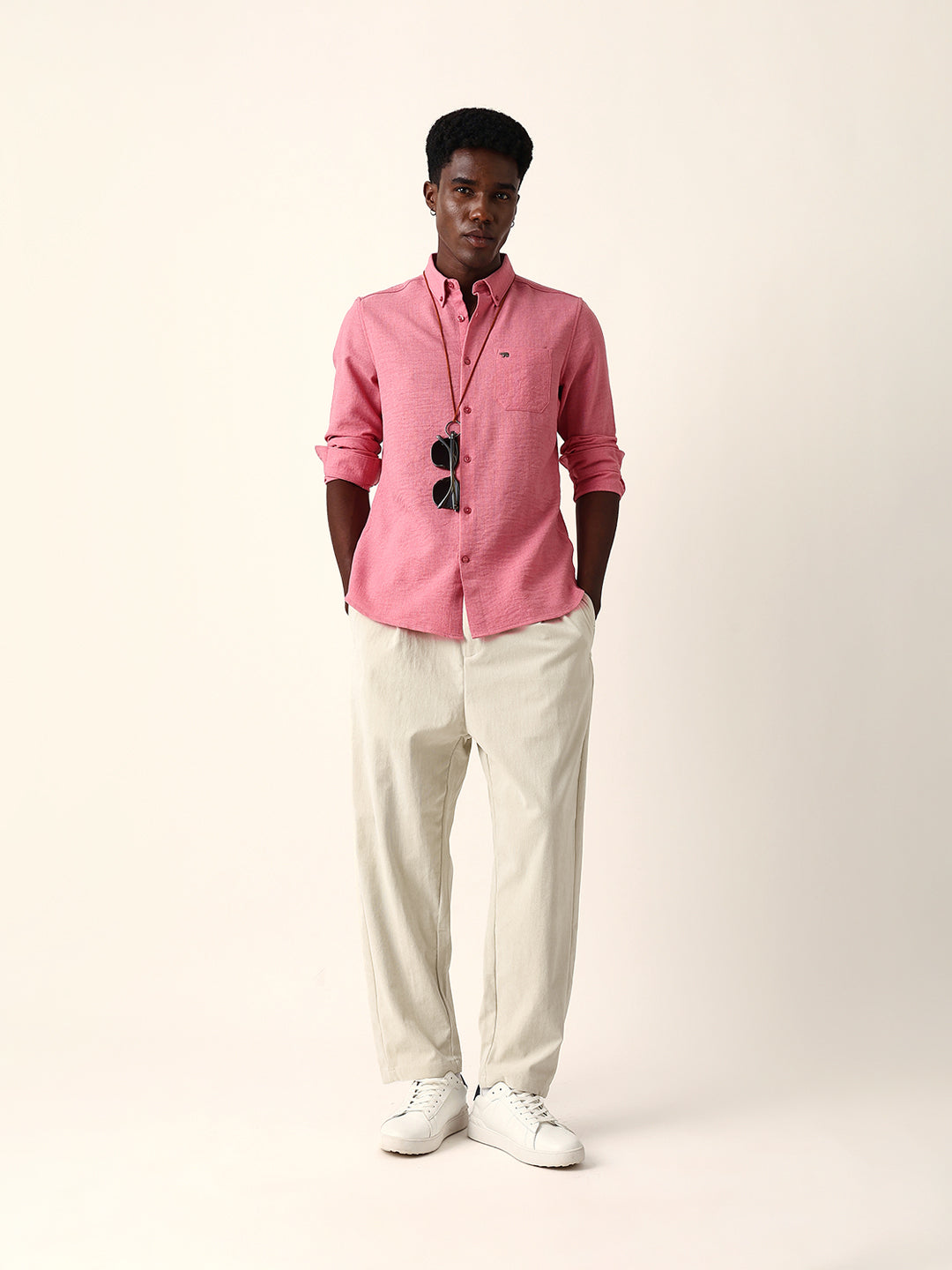 Pink Slim Fit Casual Shirt with Woven Textured Design