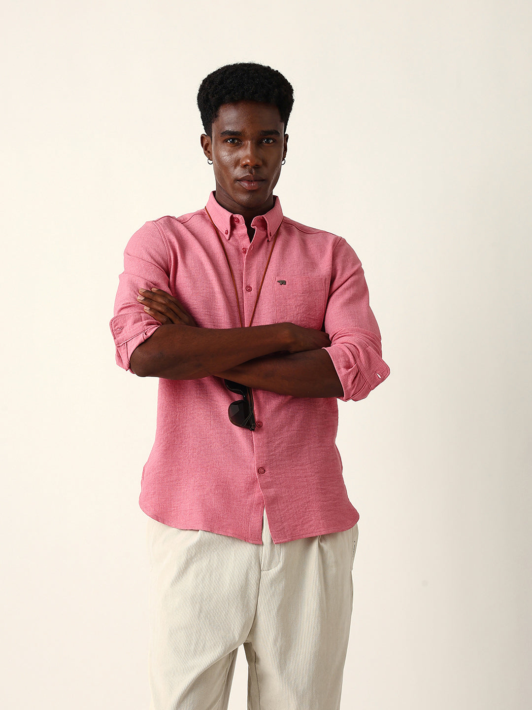 Pink Slim Fit Casual Shirt with Woven Textured Design