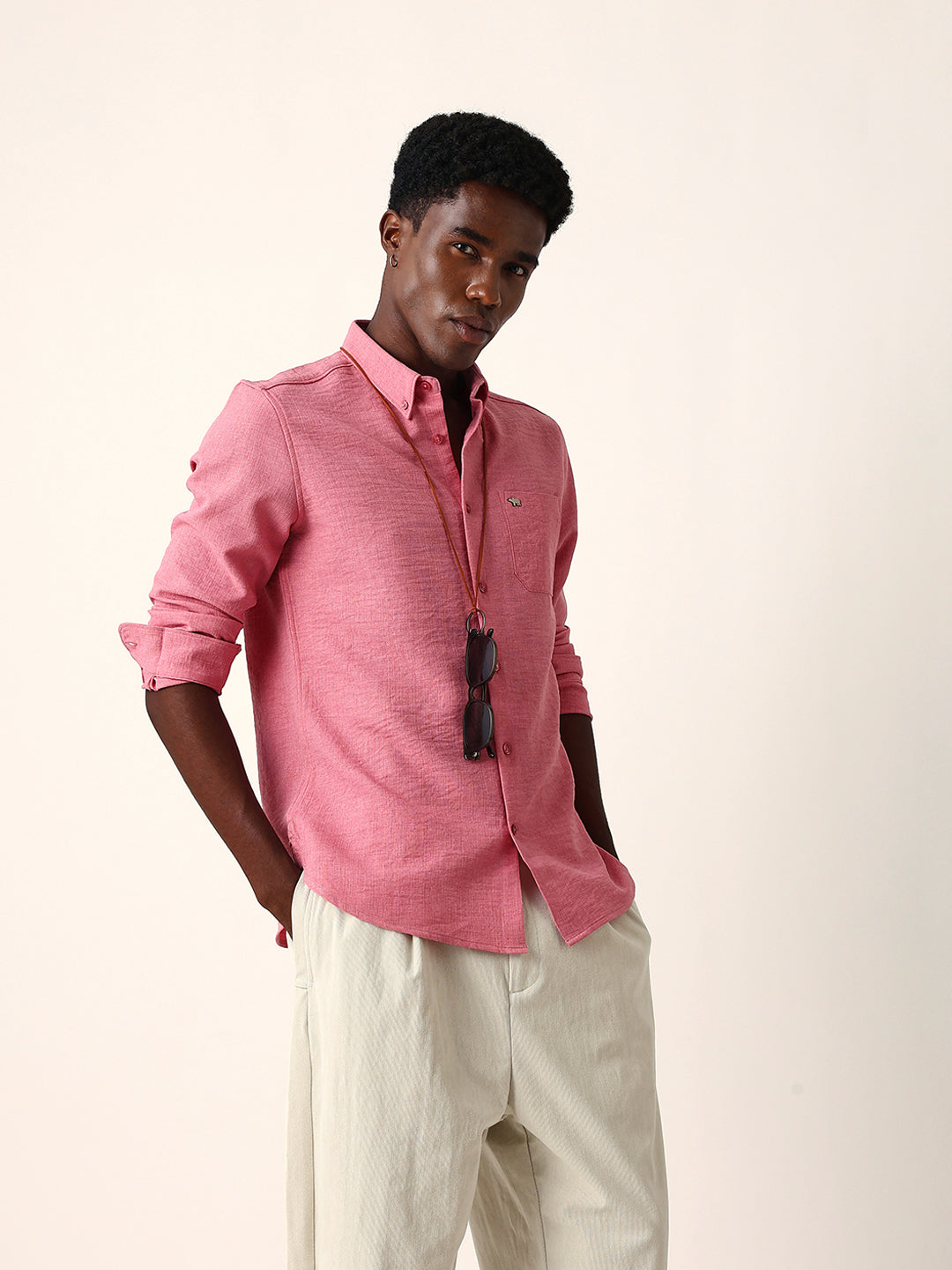 Pink Slim Fit Casual Shirt with Woven Textured Design