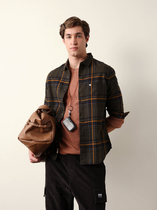 Olive Woven Checked Slim Fit Casual Shirt