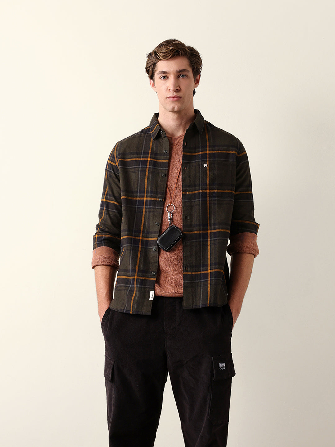 Olive Woven Checked Slim Fit Casual Shirt