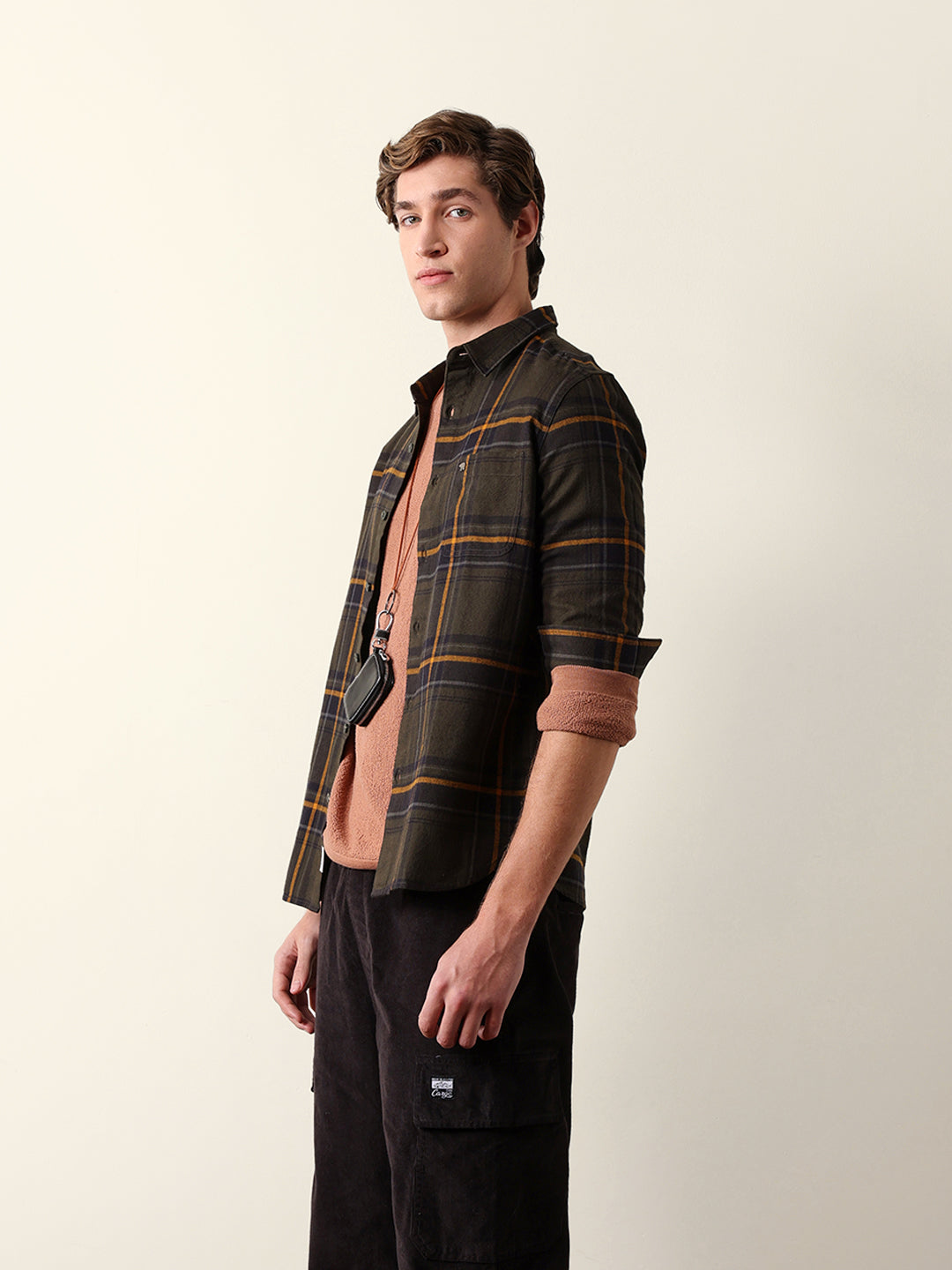 Olive Woven Checked Slim Fit Casual Shirt