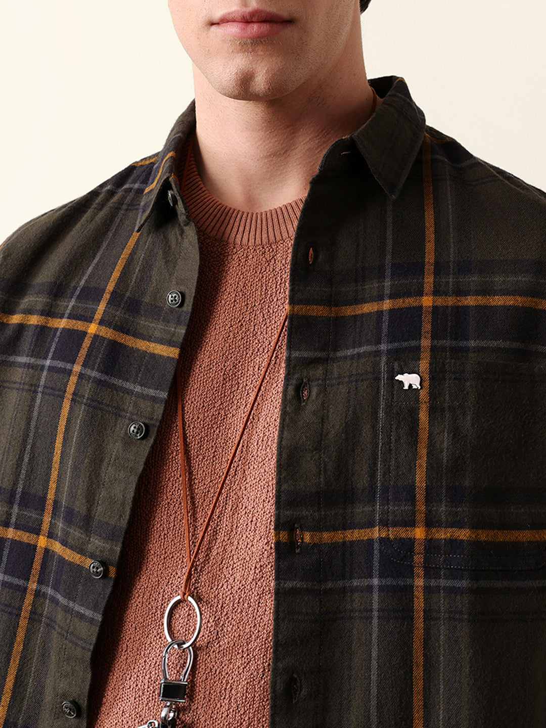 Olive Woven Checked Slim Fit Casual Shirt