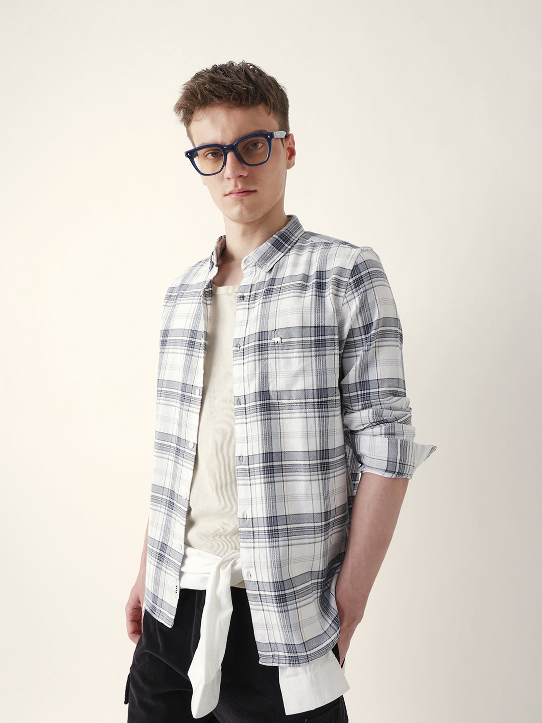White Woven Checked Slim Fit Casual Shirt