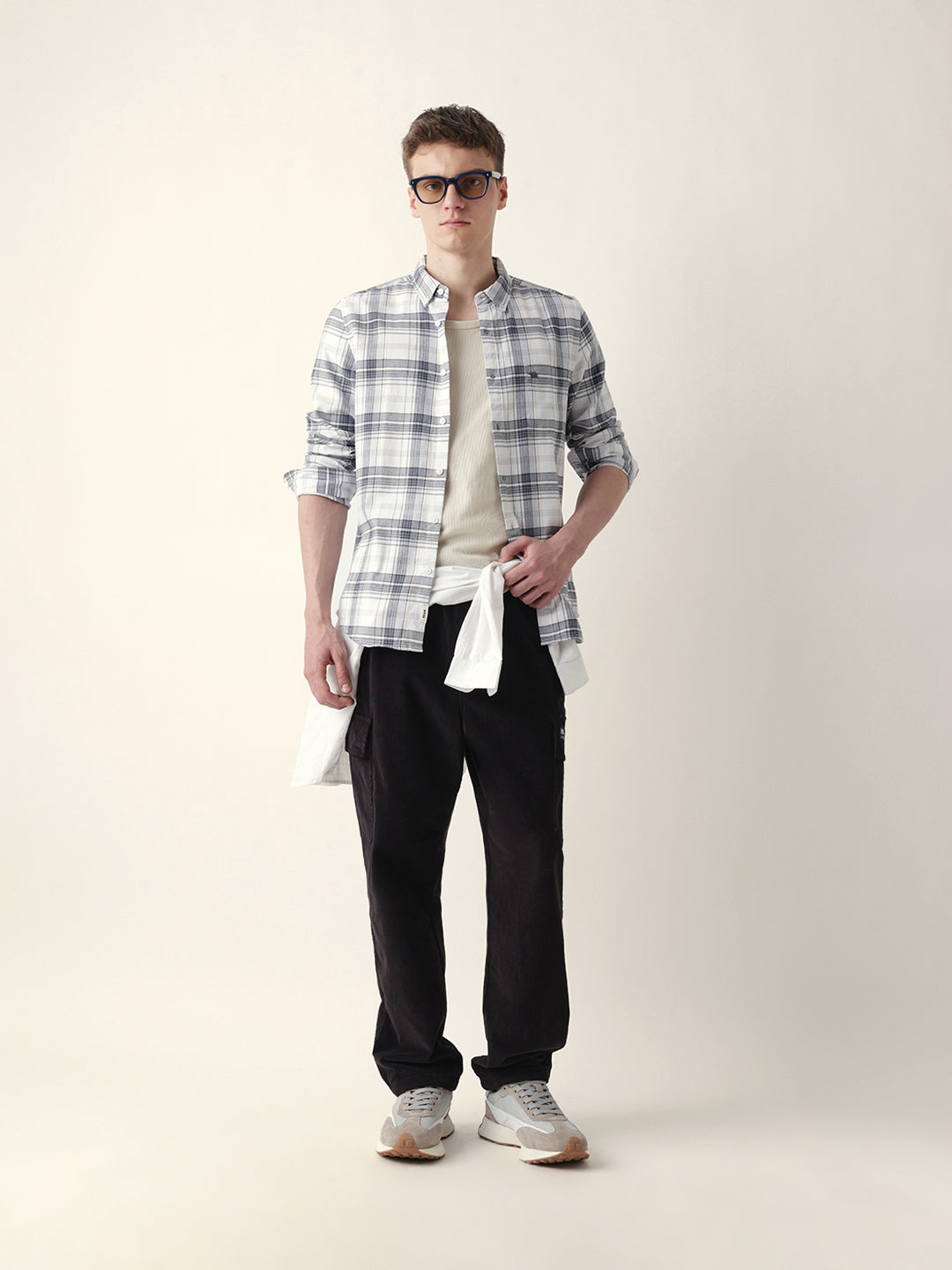 White Woven Checked Slim Fit Casual Shirt