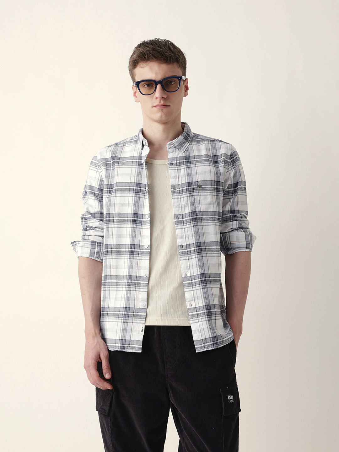 White Woven Checked Slim Fit Casual Shirt