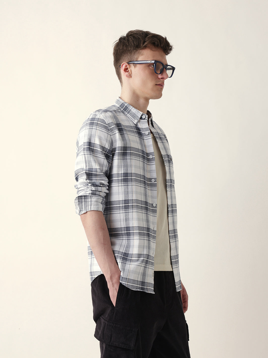 White Woven Checked Slim Fit Casual Shirt