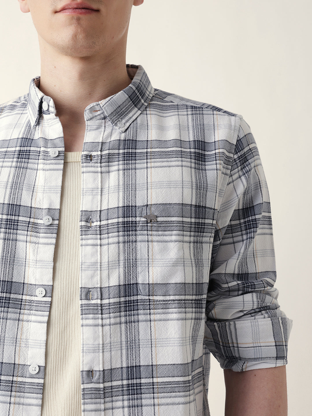 White Woven Checked Slim Fit Casual Shirt