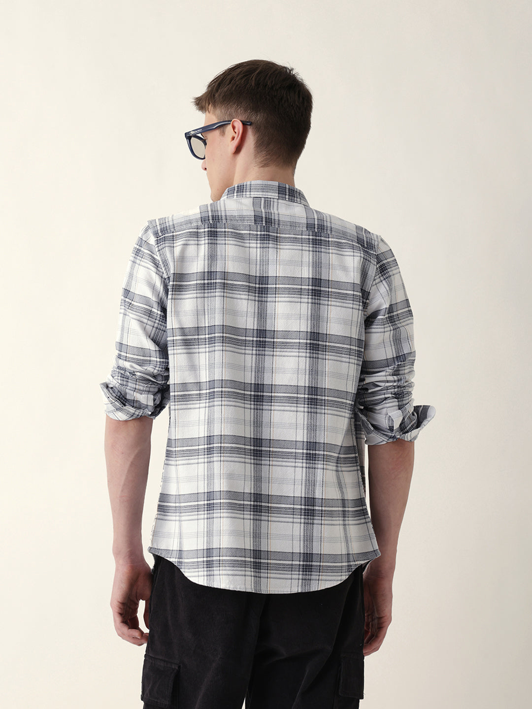 White Woven Checked Slim Fit Casual Shirt
