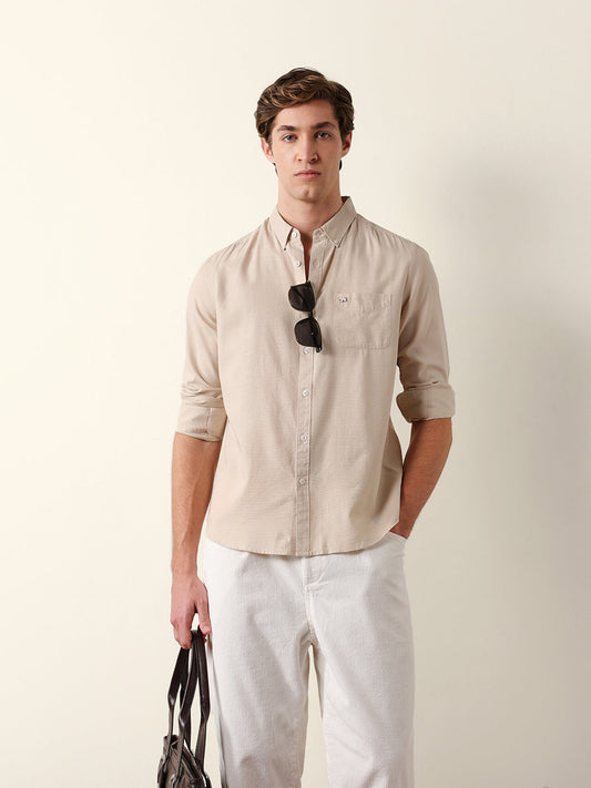 Beige Woven Textured Solid Slim Fit Casual Shirt