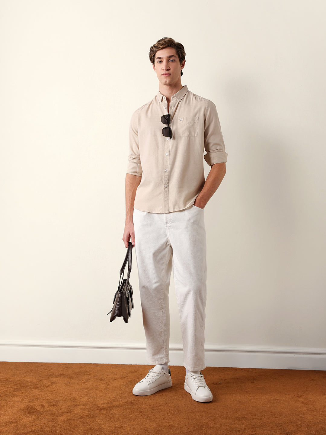 Beige Woven Textured Solid Slim Fit Casual Shirt