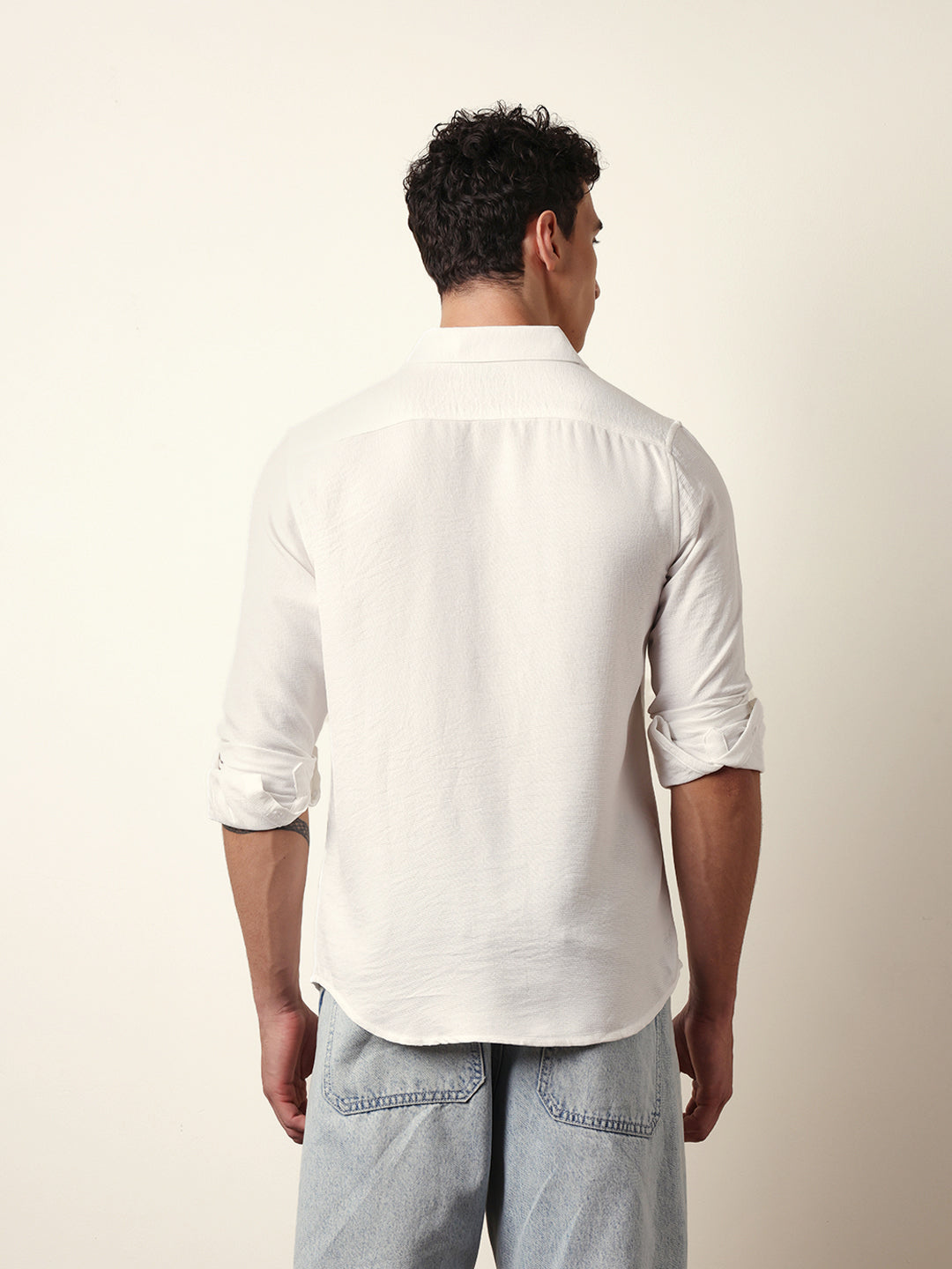 White Woven Solid Slim Fit Casual Shirt