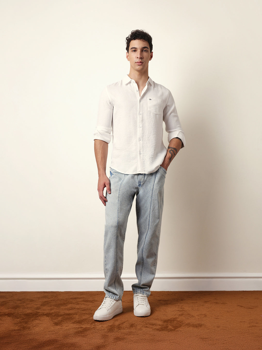 White Woven Solid Slim Fit Casual Shirt