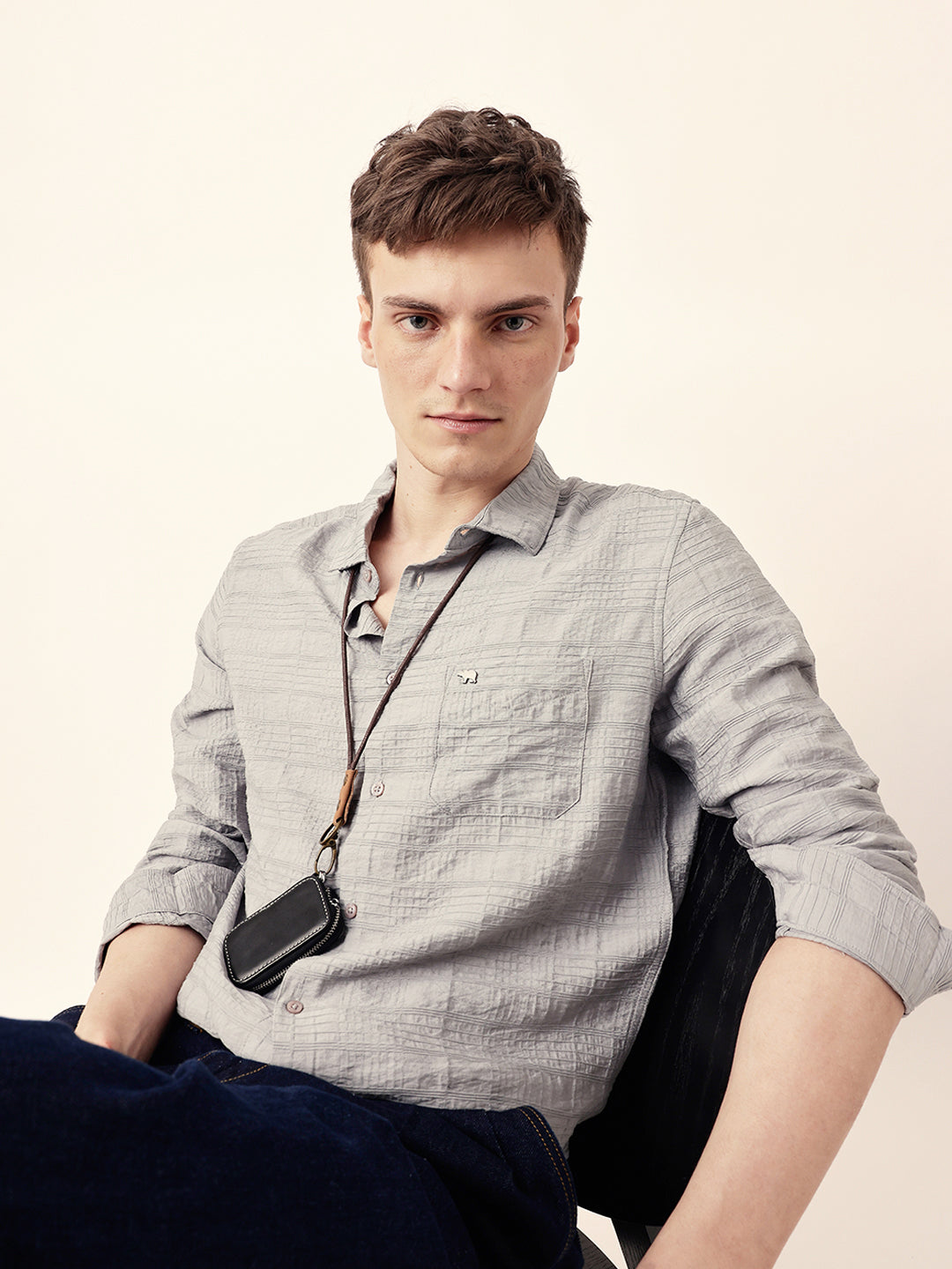 Grey Slim Fit Casual Shirt with Woven Textured Check Design