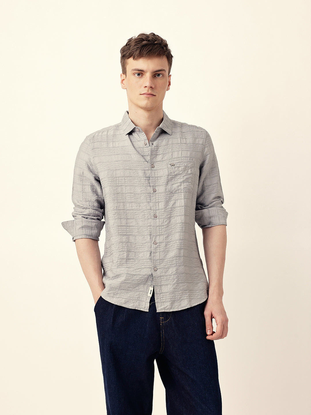 Grey Slim Fit Casual Shirt with Woven Textured Check Design