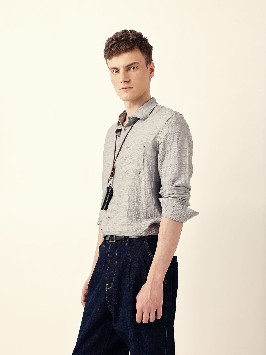 Grey Slim Fit Casual Shirt with Woven Textured Check Design