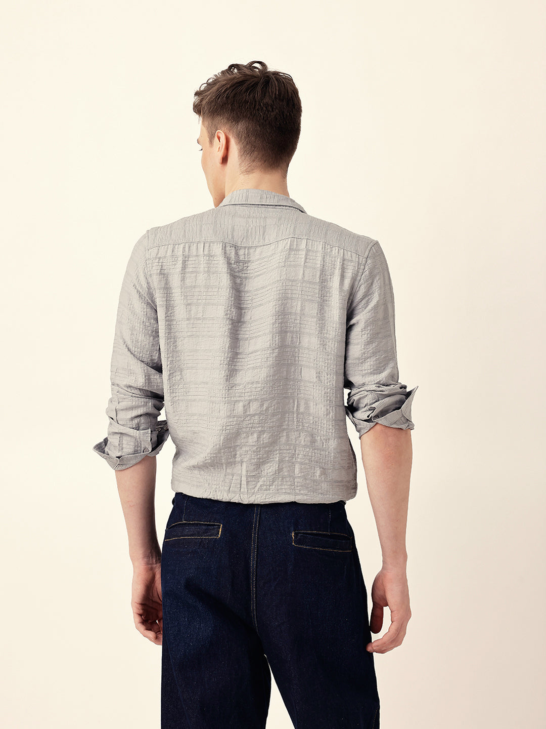 Grey Slim Fit Casual Shirt with Woven Textured Check Design