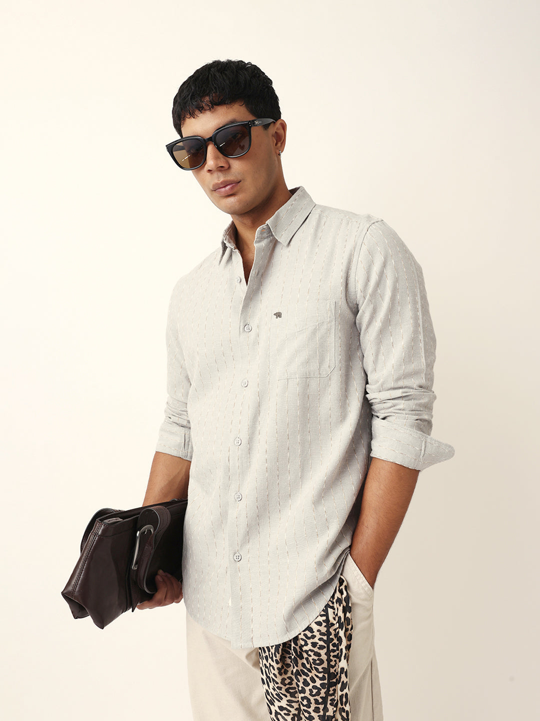Grey Vertical Striped Slim Fit Casual Shirt with Textured Stitch Detailing