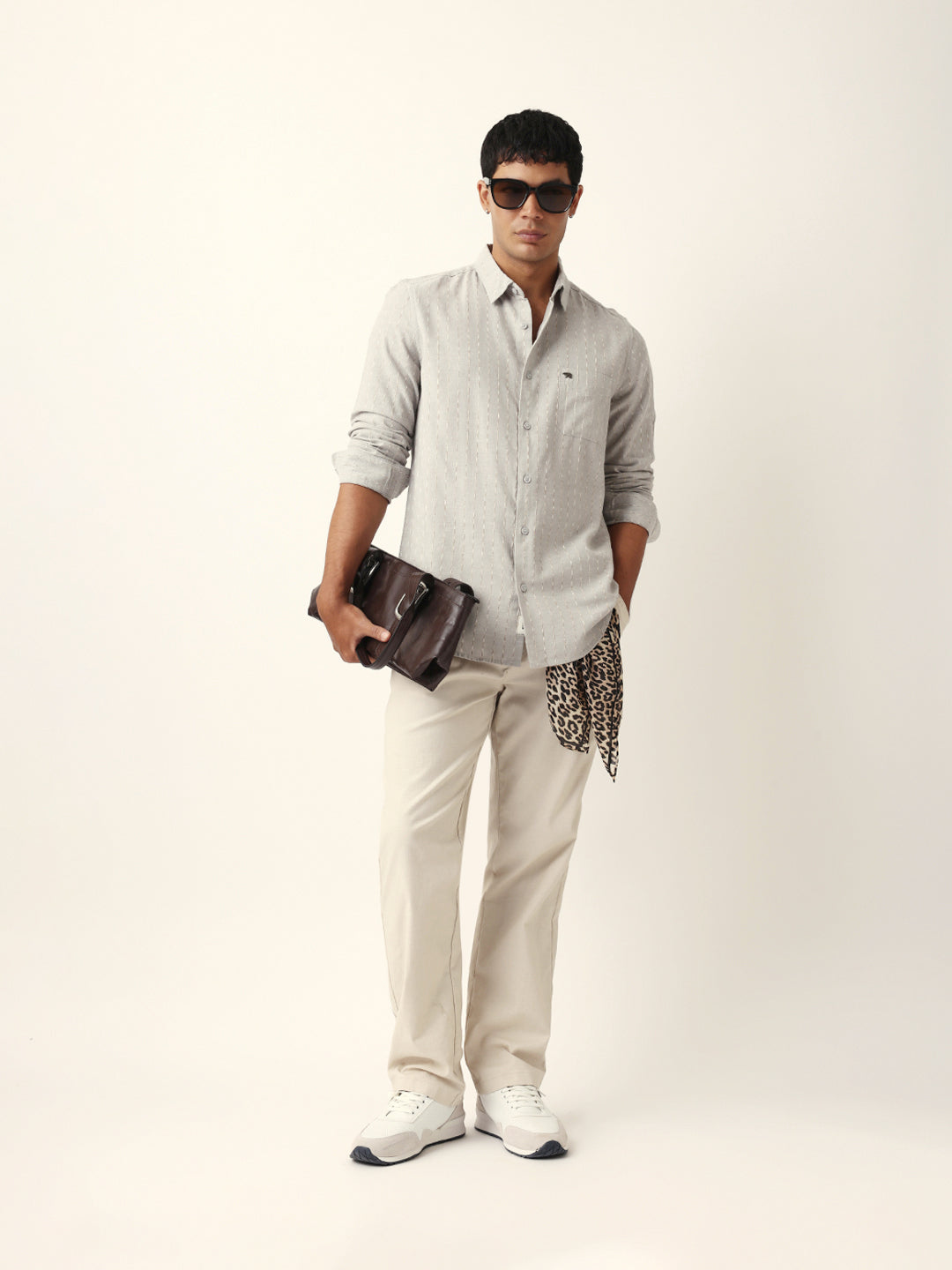Grey Vertical Striped Slim Fit Casual Shirt with Textured Stitch Detailing