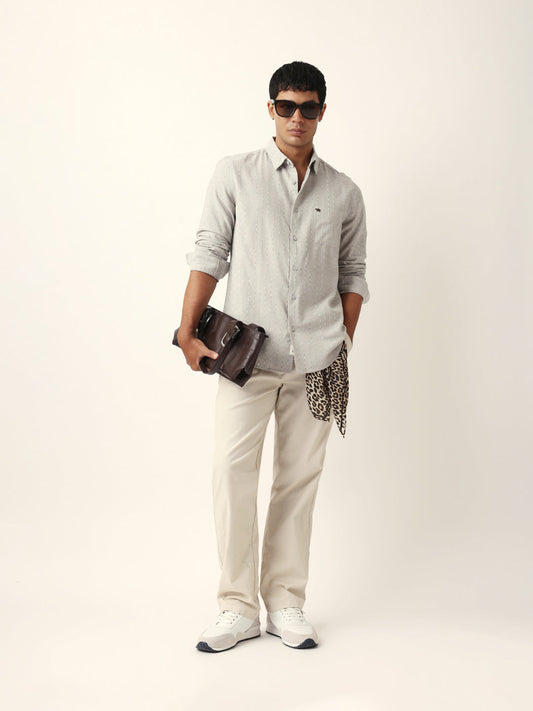 Grey Vertical Striped Slim Fit Casual Shirt with Textured Stitch Detailing