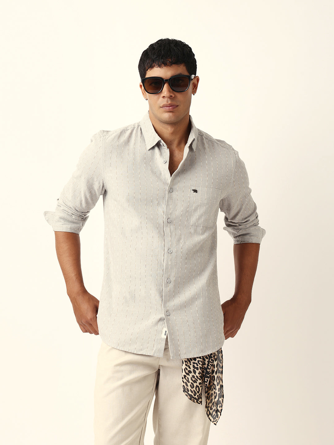 Grey Vertical Striped Slim Fit Casual Shirt with Textured Stitch Detailing
