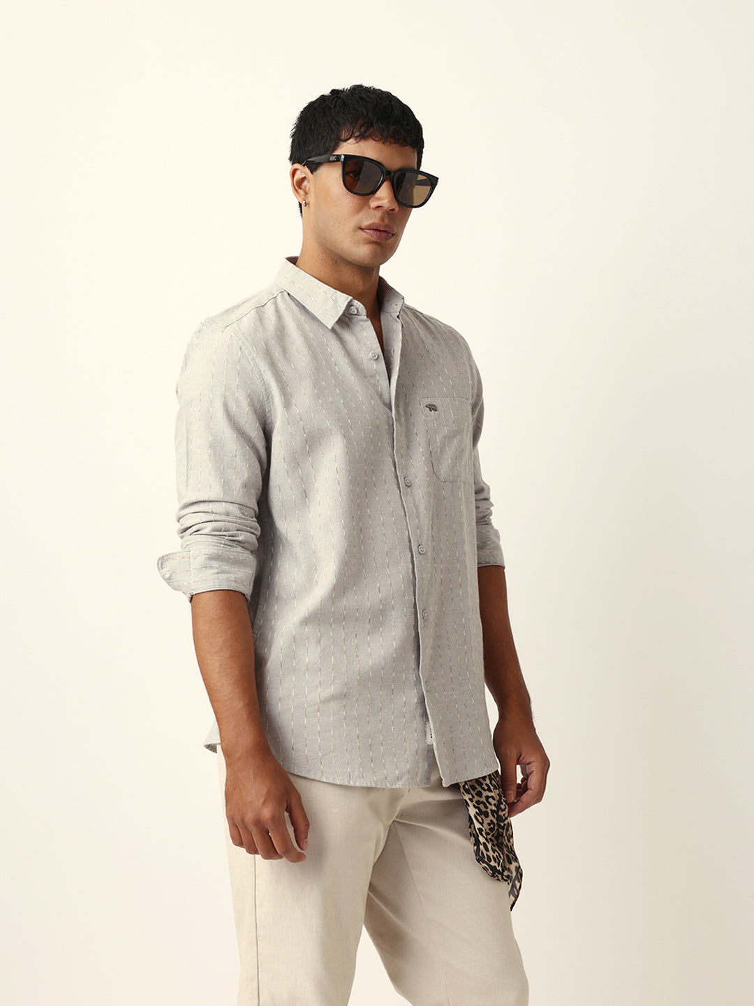 Grey Vertical Striped Slim Fit Casual Shirt with Textured Stitch Detailing