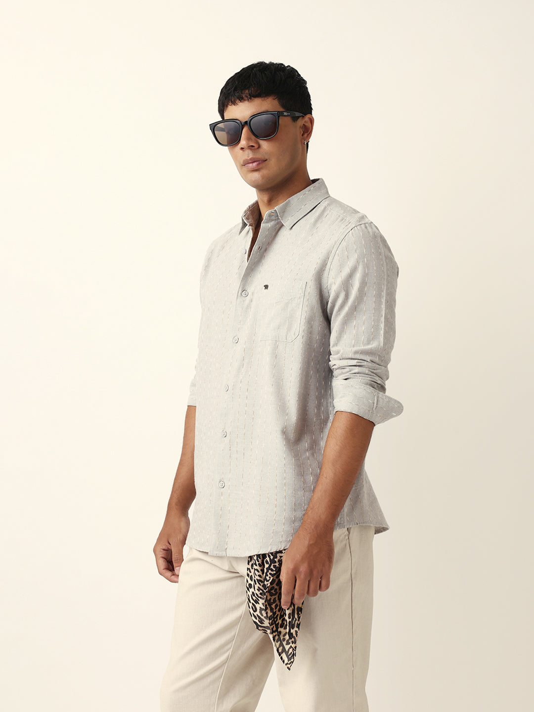 Grey Vertical Striped Slim Fit Casual Shirt with Textured Stitch Detailing