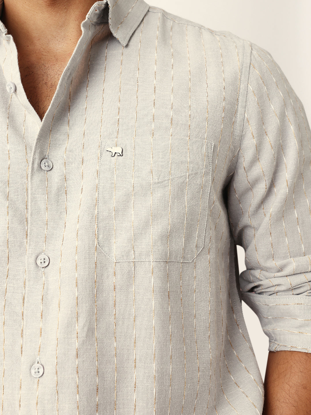 Grey Vertical Striped Slim Fit Casual Shirt with Textured Stitch Detailing
