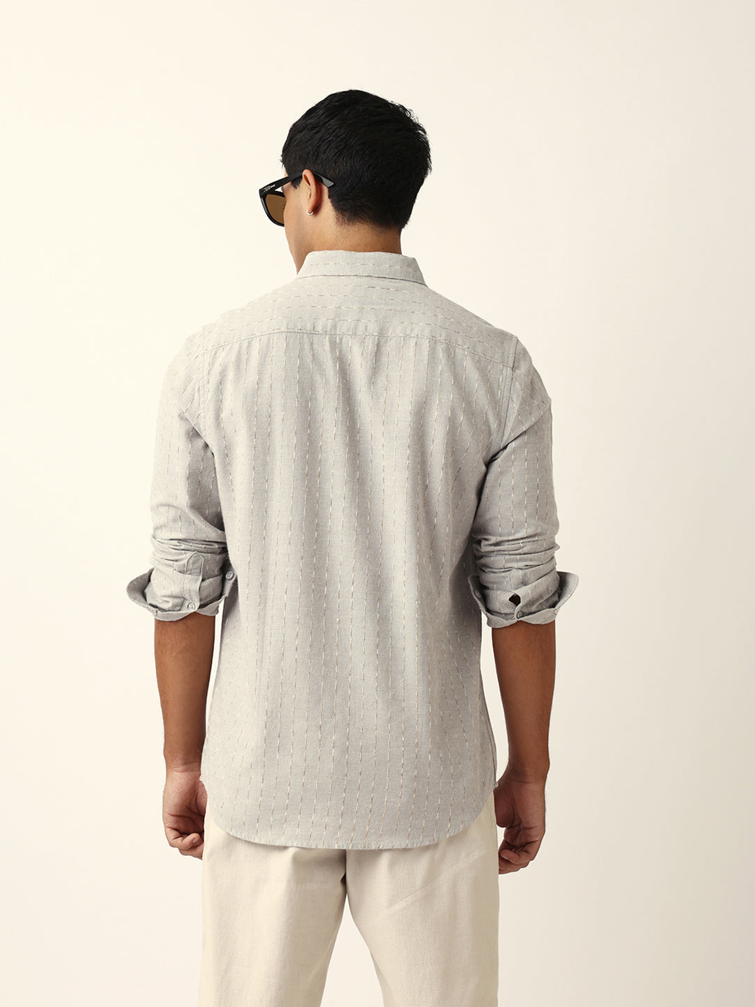 Grey Vertical Striped Slim Fit Casual Shirt with Textured Stitch Detailing