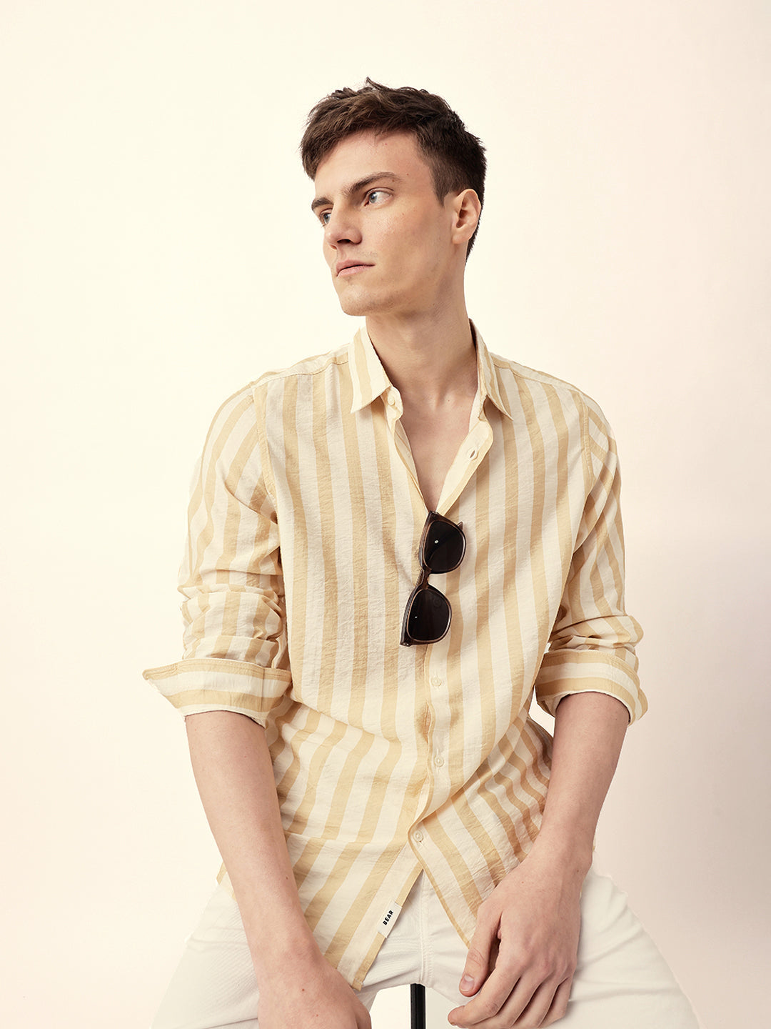 Yellow & Off-White Vertical Stripe Regular Fit Casual Shirt