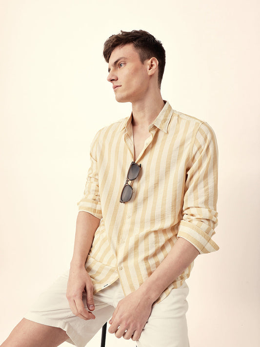 Yellow & Off-White Vertical Stripe Regular Fit Casual Shirt