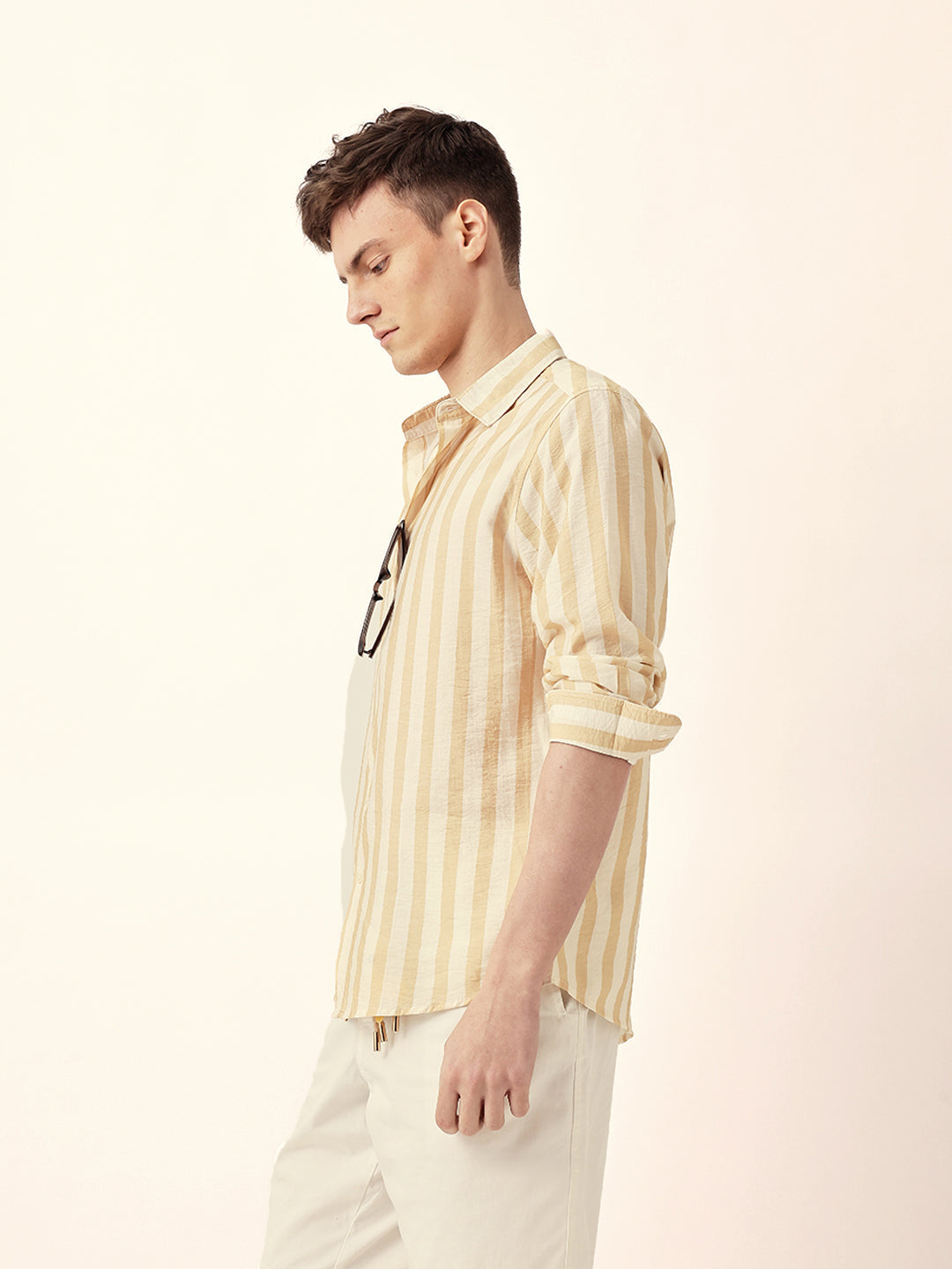 Yellow & Off-White Vertical Stripe Regular Fit Casual Shirt