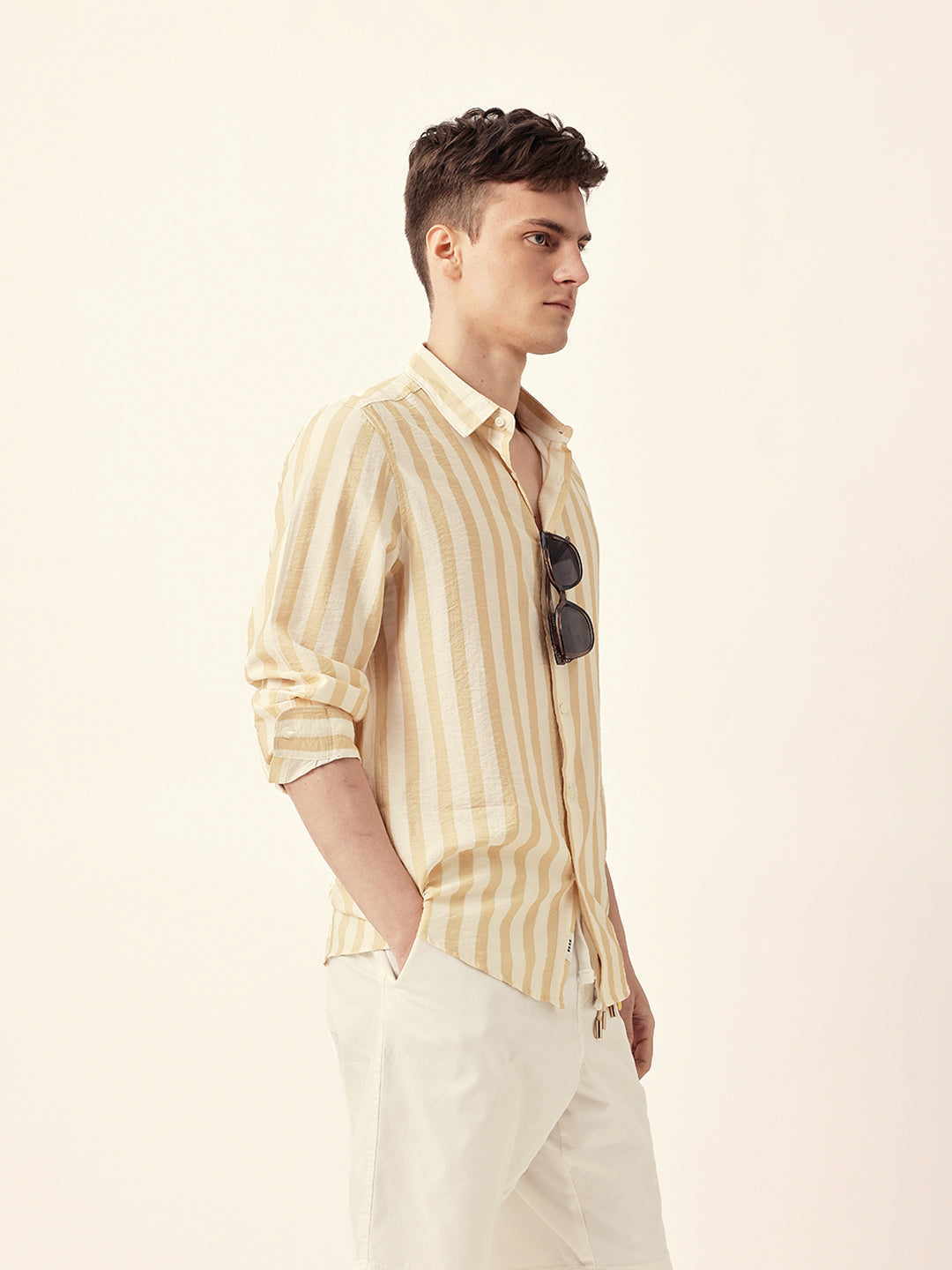 Yellow & Off-White Vertical Stripe Regular Fit Casual Shirt