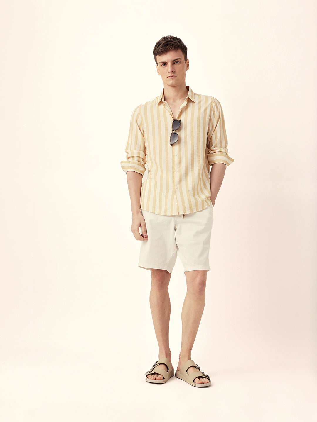 Yellow & Off-White Vertical Stripe Regular Fit Casual Shirt