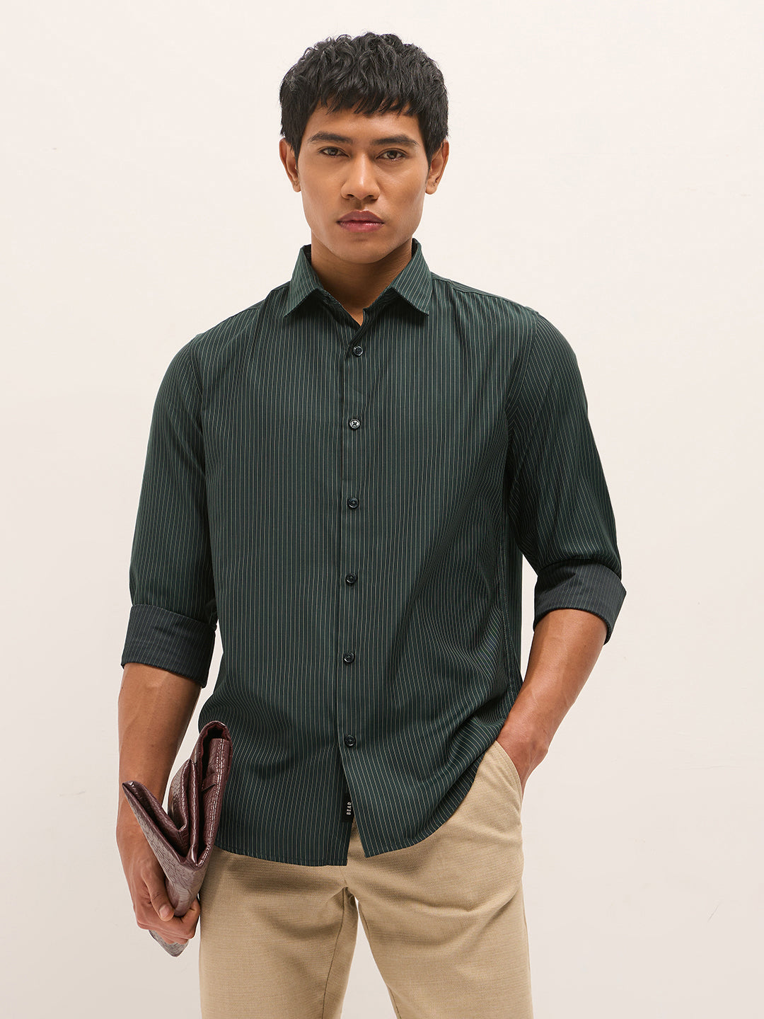 Green Woven Pin Stripe Design Tailored Fit Formal Shirt