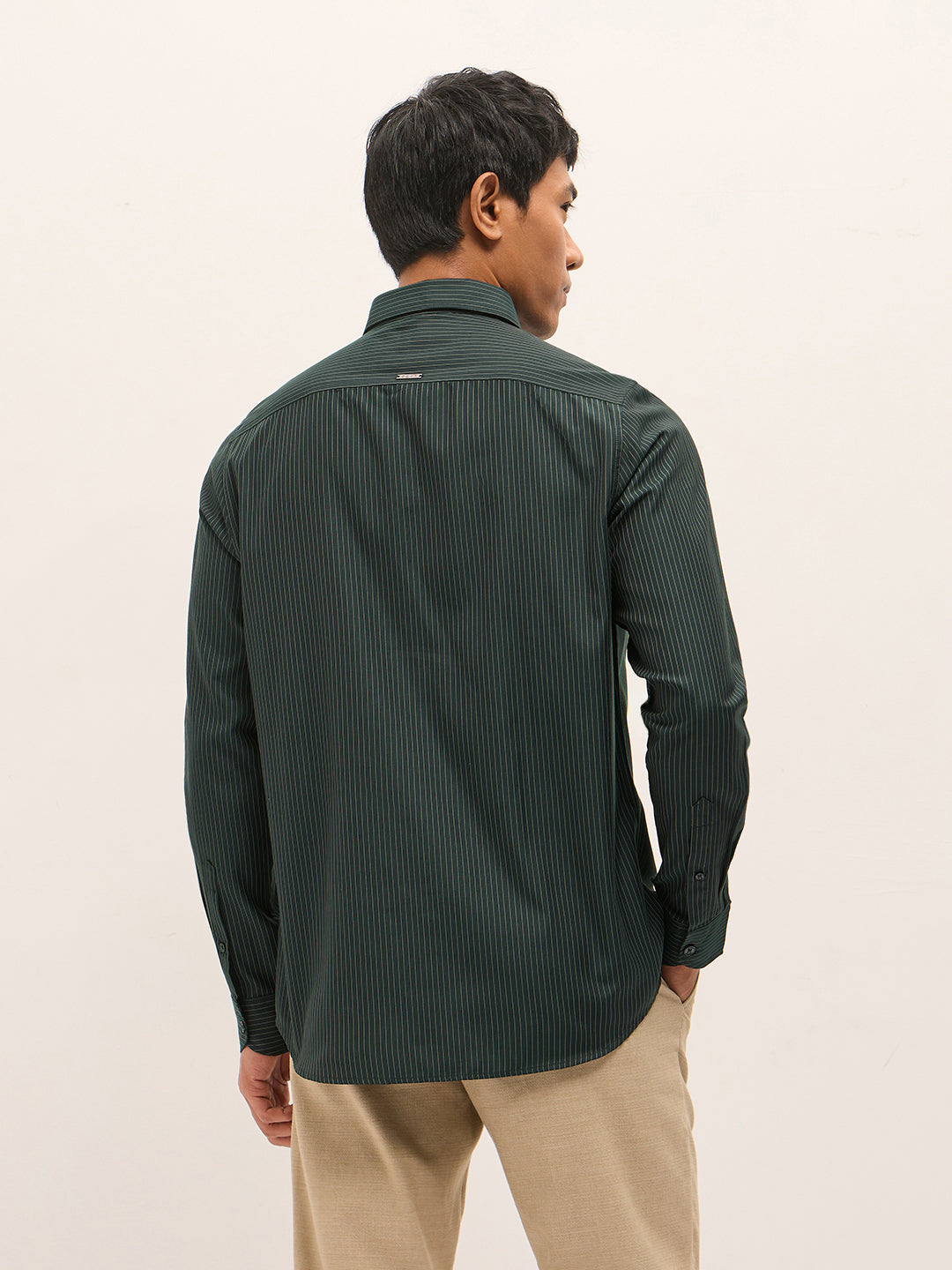 Green Woven Pin Stripe Design Tailored Fit Formal Shirt