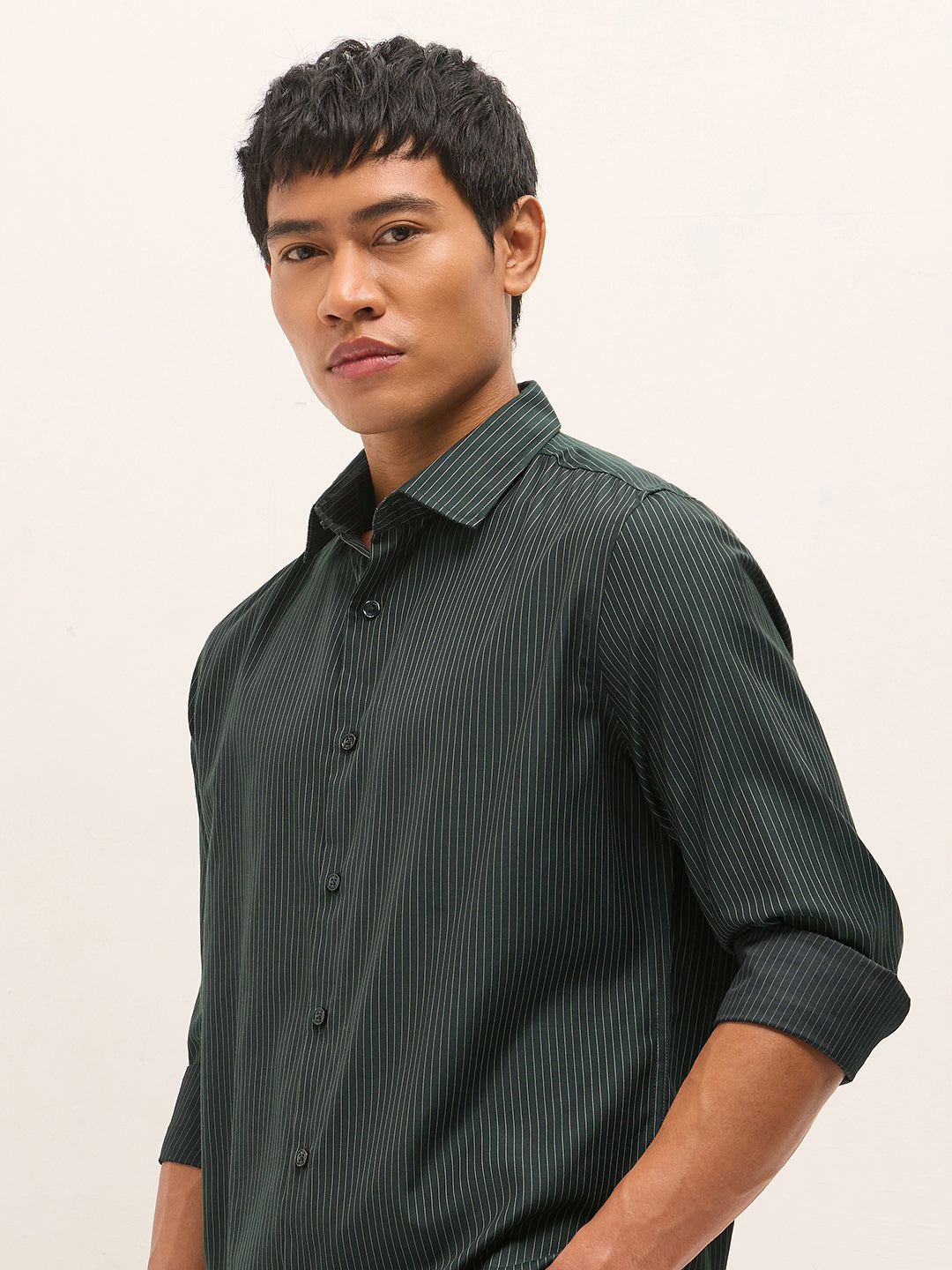Green Woven Pin Stripe Design Tailored Fit Formal Shirt
