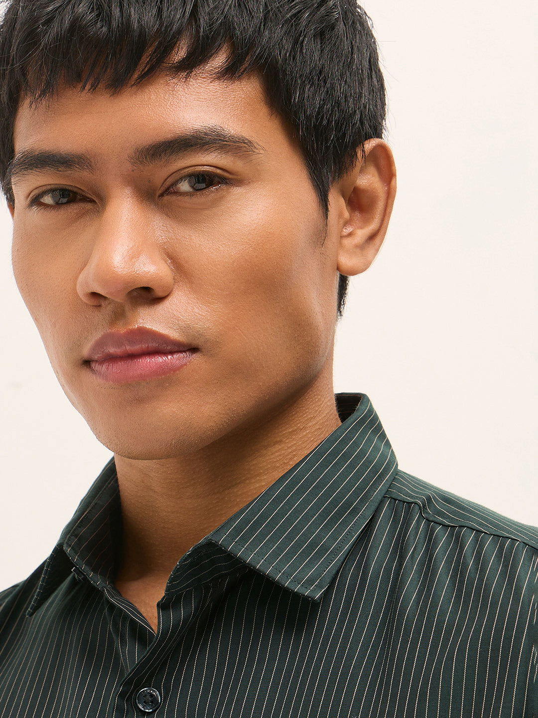 Green Woven Pin Stripe Design Tailored Fit Formal Shirt