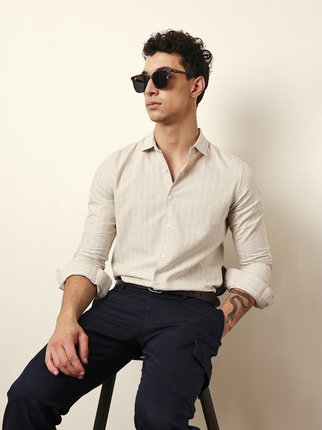 Beige Vertical Woven Stripe Slim Fit Casual Shirt