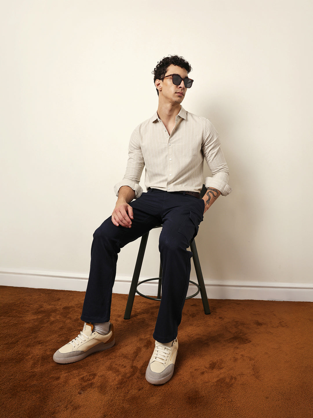 Beige Vertical Woven Stripe Slim Fit Casual Shirt