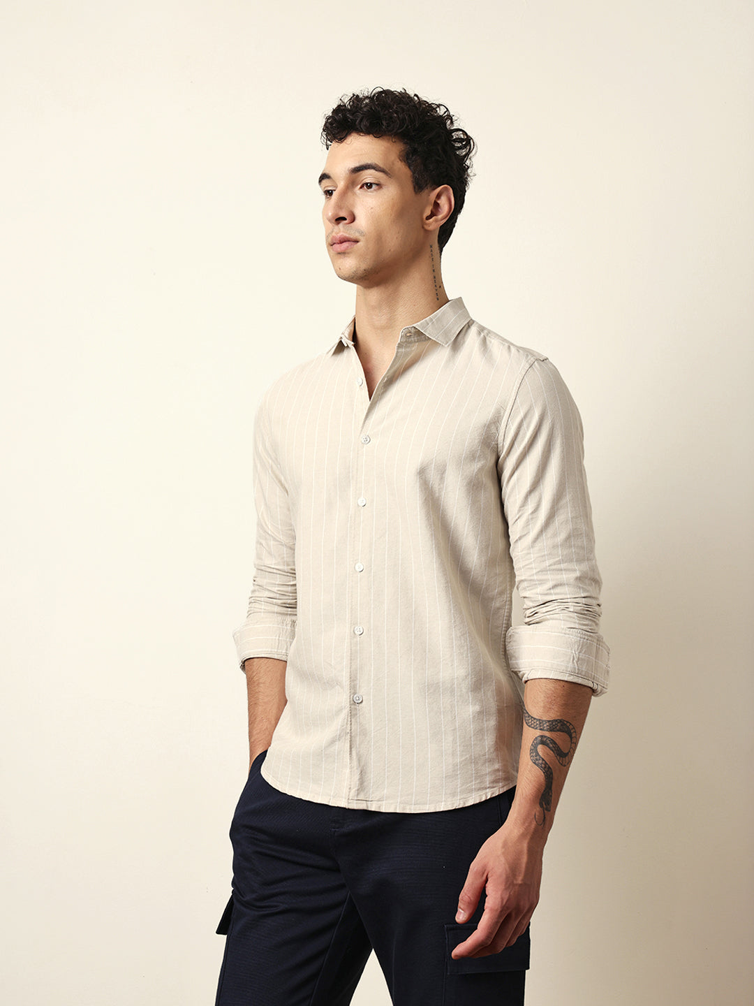 Beige Vertical Woven Stripe Slim Fit Casual Shirt