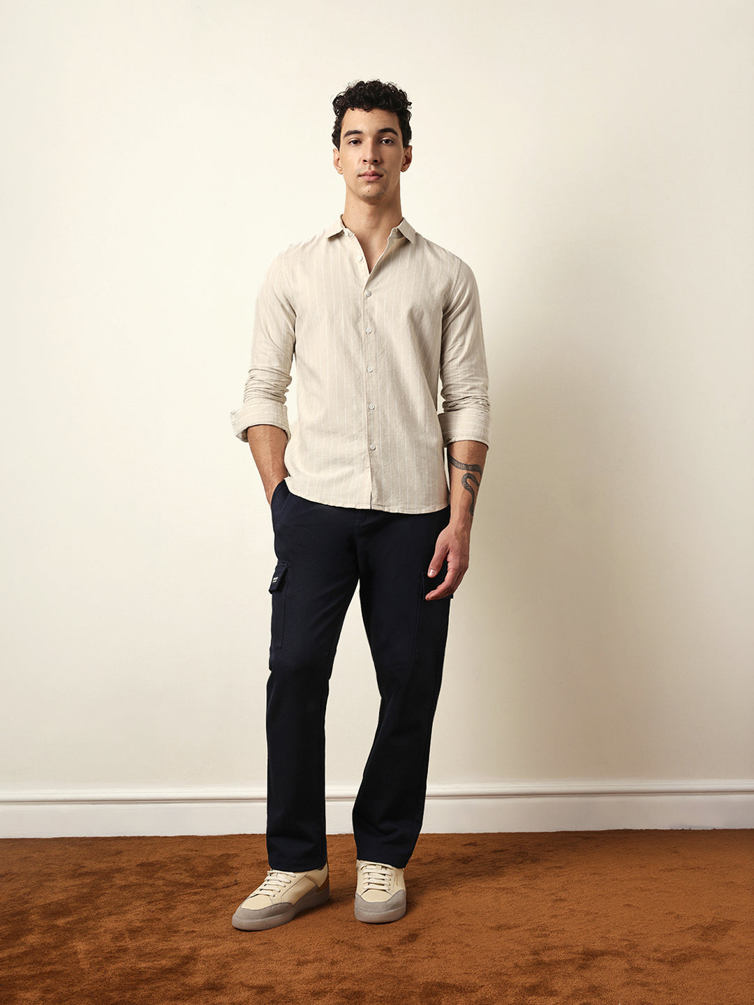 Beige Vertical Woven Stripe Slim Fit Casual Shirt