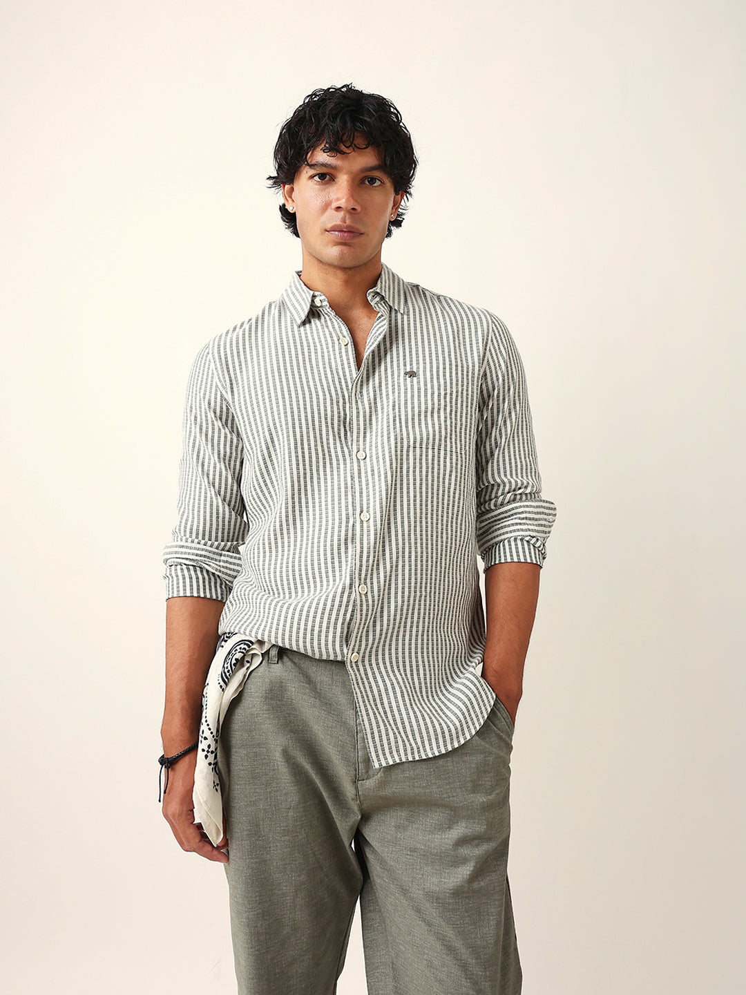 Green & White Vertical Woven Pinstriped Slim Fit Casual Shirt